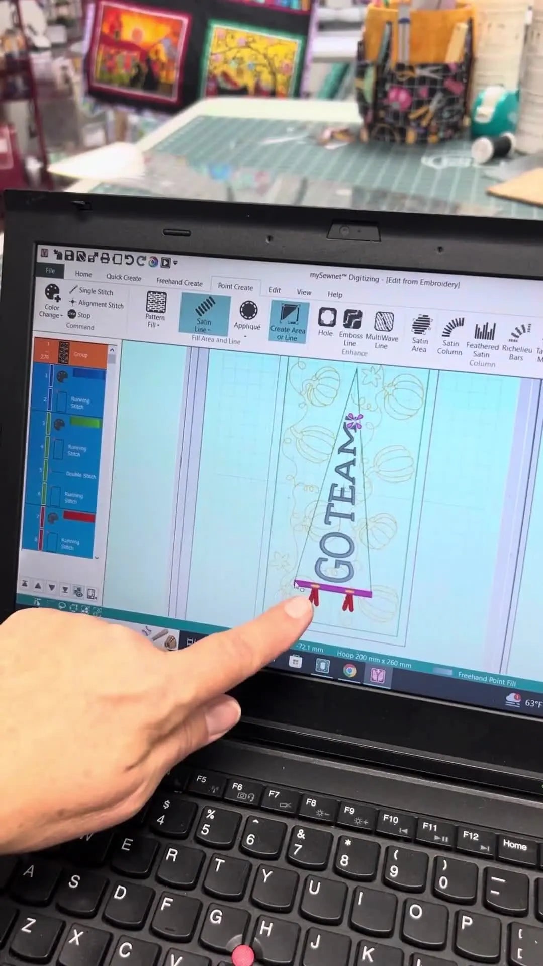 A mySewnet Digitizing screen capture shows the cursor as a square while placing a sharp corner point for a satin stitch repair line.