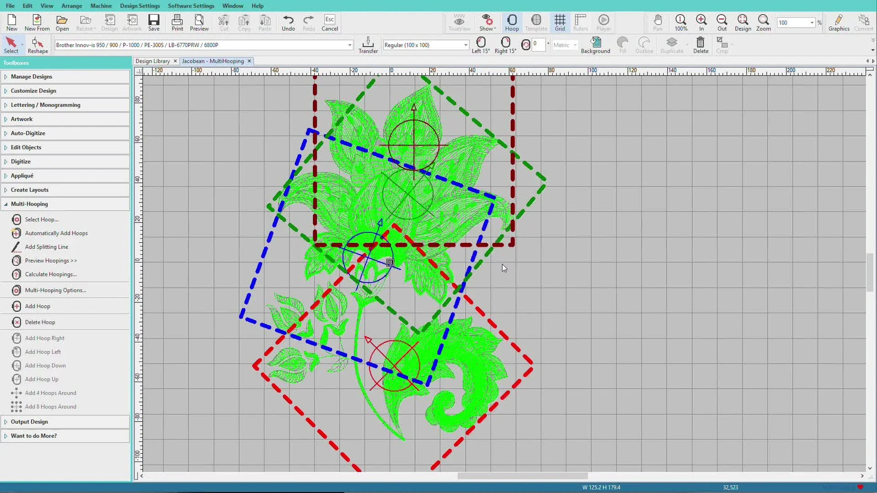 Hatch Embroidery 2 displays three automatically generated, overlapping hoop outlines over a large floral design to cover the full stitch area in multiple hoopings.
