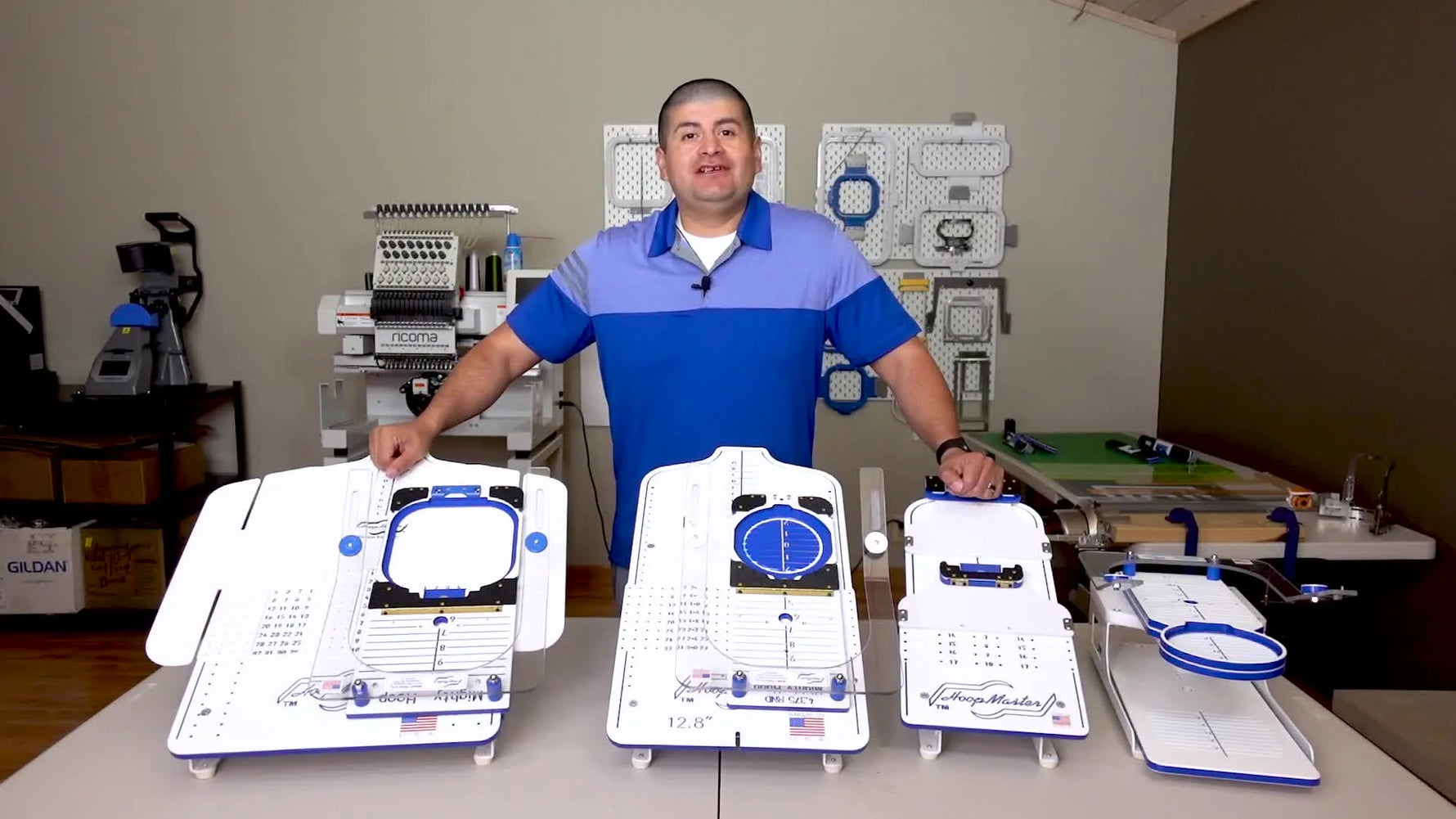 A wide shot showing three different Mighty Hoop station sizes laid out side-by-side so you can compare their footprints and intended uses at a glance.