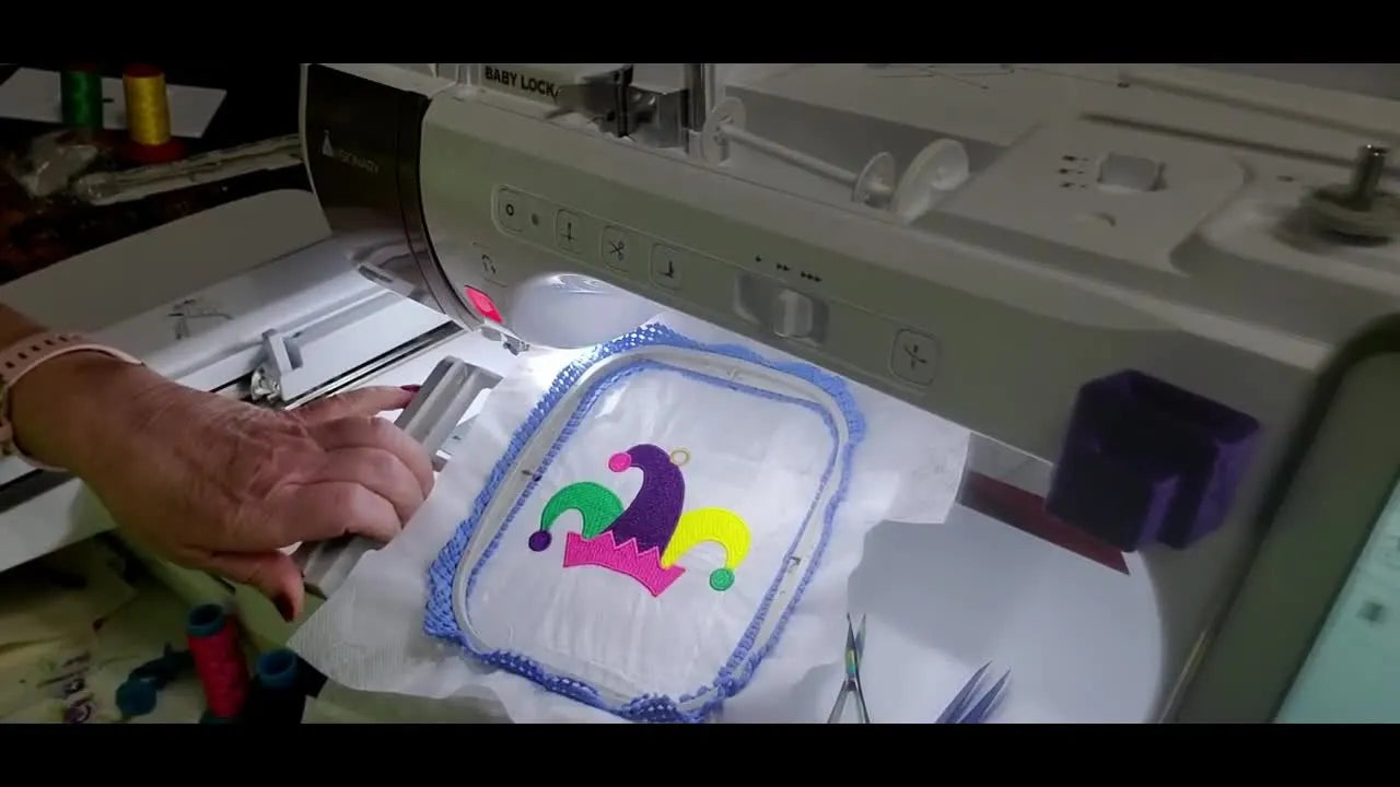 A Clean Freestanding Lace Mardi Gras Jester Hat on a Baby Lock 4x4 Hoop—Without Wasting Stabilizer (or Your Patience)