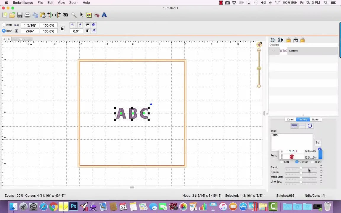 A bold red monogram sits inside the 4x4 hoop boundary in Embrilliance, showing the exact starting point before frames, sizing checks, and fine centering.