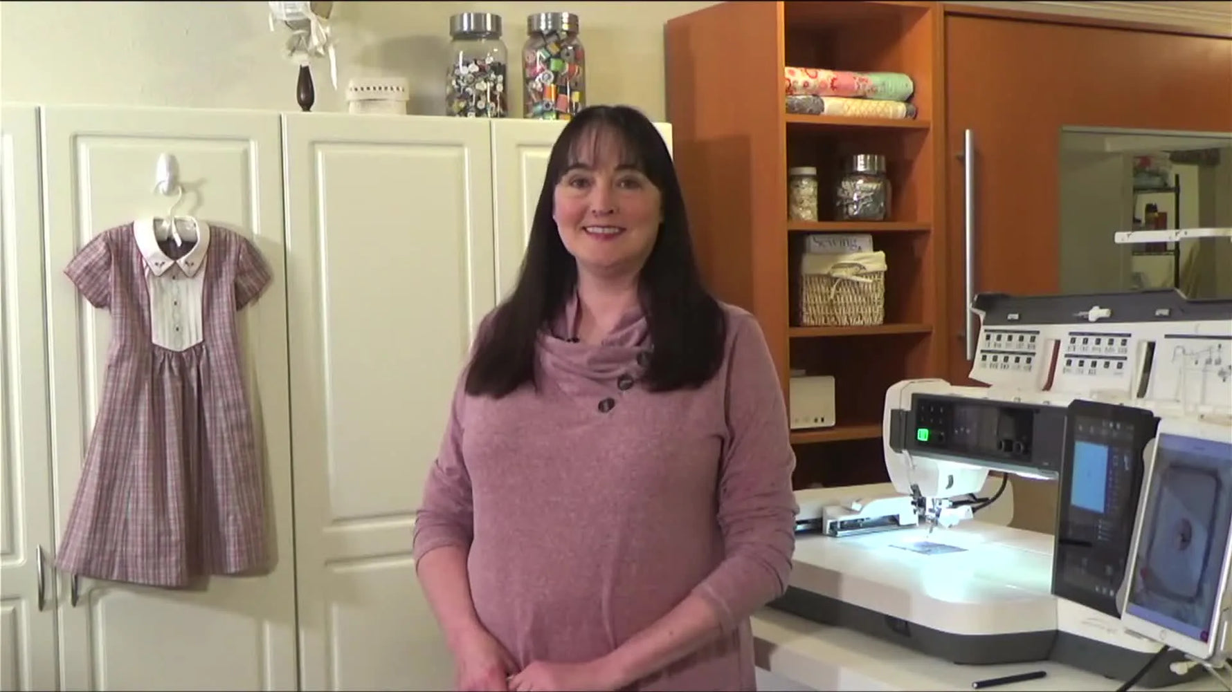 A split view shows the Janome Continental M17 screen beside an iPad running the AcuSetter app for precise embroidery placement.