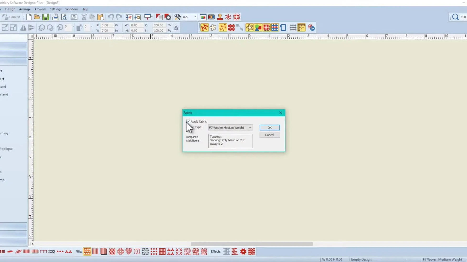 The Bernina Fabric dialog box with the Apply Fabric checkbox being unchecked to prevent fill stitch pattern changes.