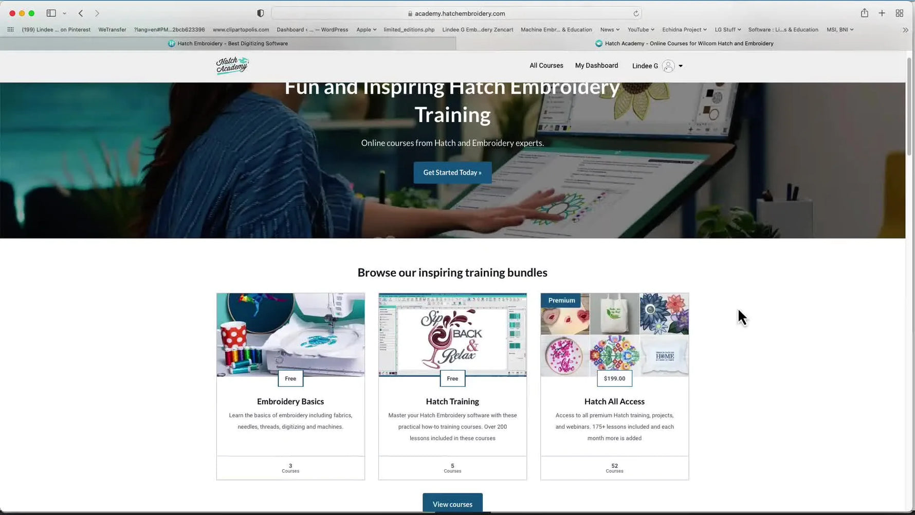 Three Hatch Academy training bundles—Embroidery Basics, Hatch Training, and Hatch All Access—displayed side-by-side on the Academy homepage.