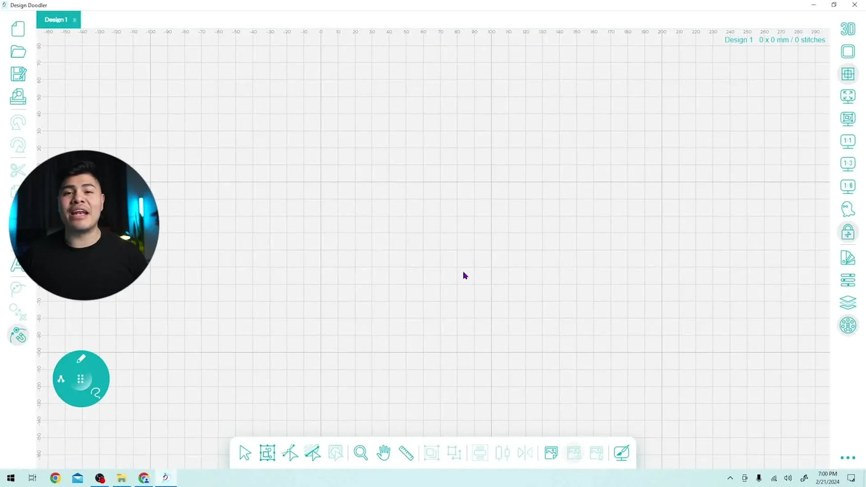 An overhead view of an iPad running Design Doodler while a hand uses an Apple Pencil to draw on the grid workspace.