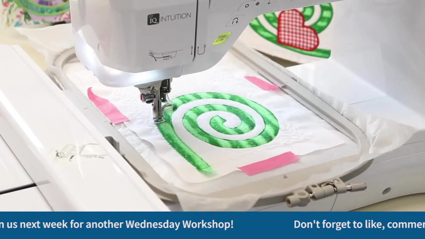 Four finished Hearts & Swirls embroidered blocks are laid out together, showing the final look before borders and full runner assembly.