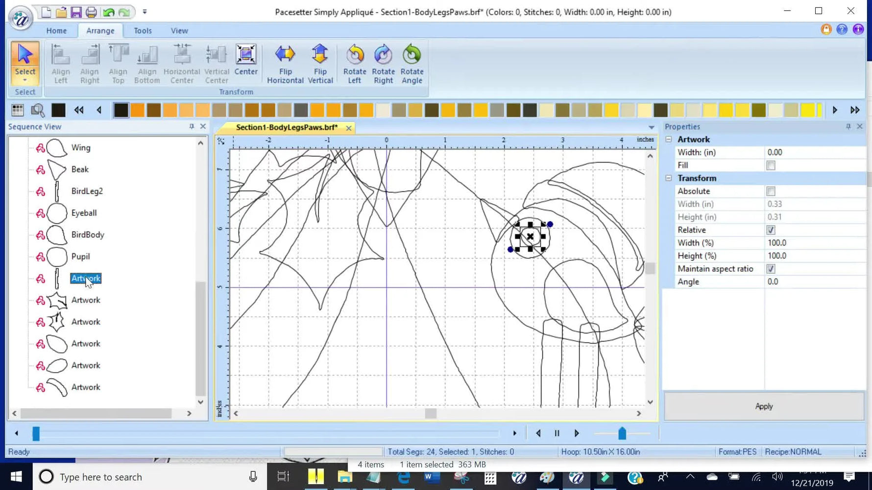 The full dog appliqué layout is selected in Pacesetter Simply Appliqué right as the Convert to Appliqué tool is used to turn vector parts into stitch data.