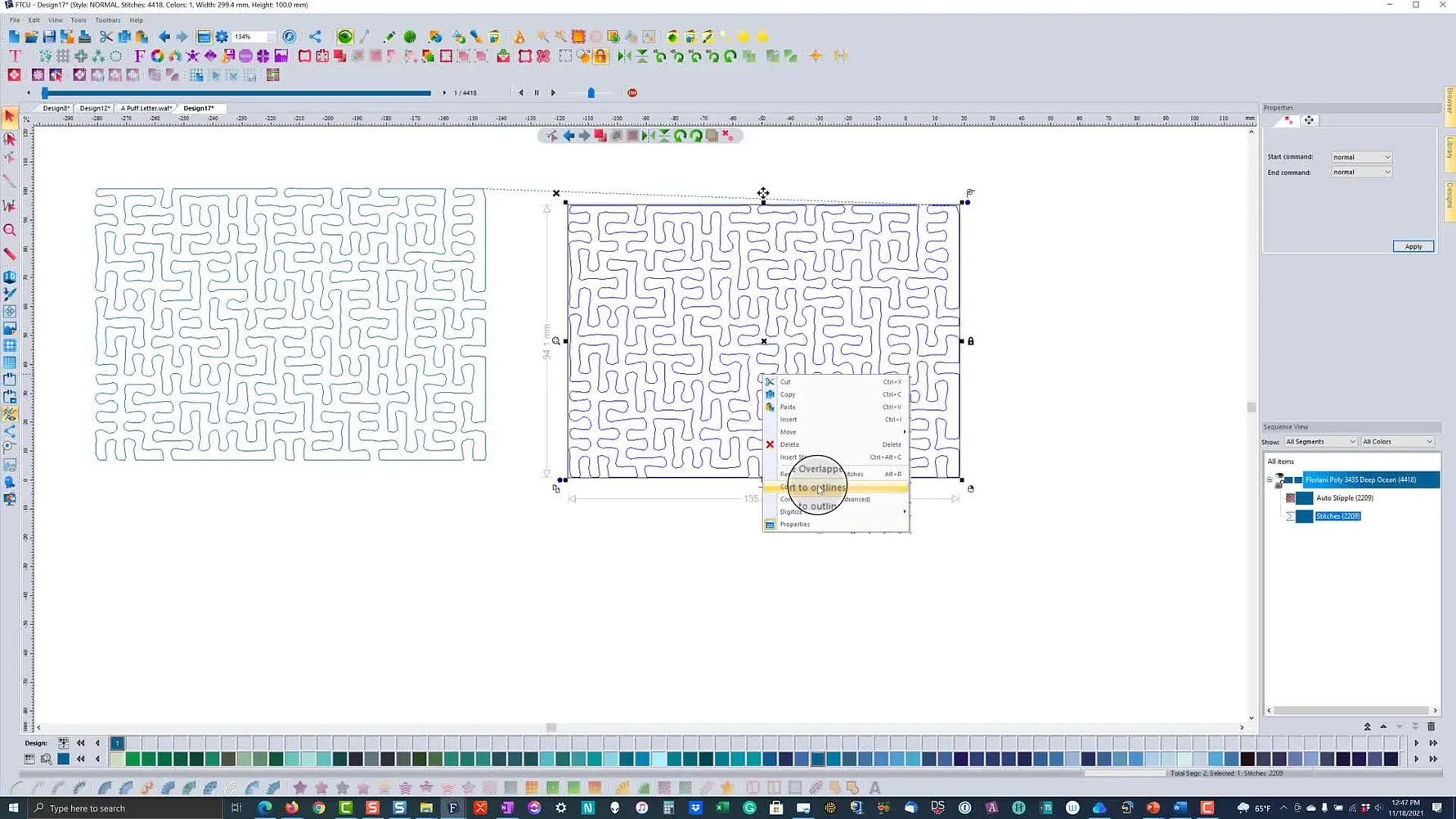 A screen capture shows the right‑click menu in Wilcom Hatch with “Convert to Outlines” highlighted—the key step that unlocks editable nodes for smoothing Auto Stipple edges.