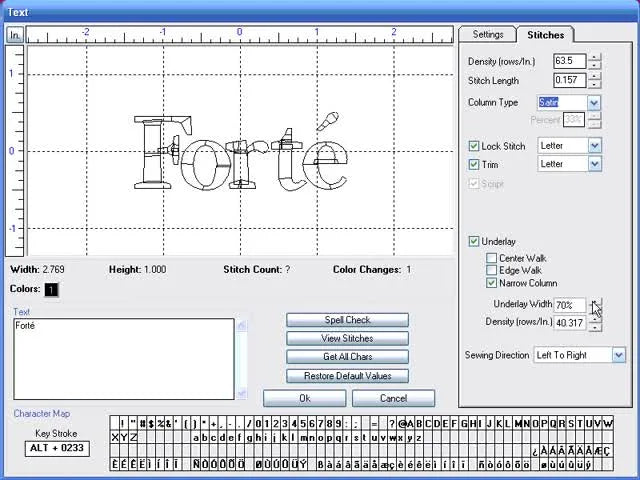 A close-up Forté PD screen capture showing the Sewing Direction dropdown being changed to Center Out for cap lettering.