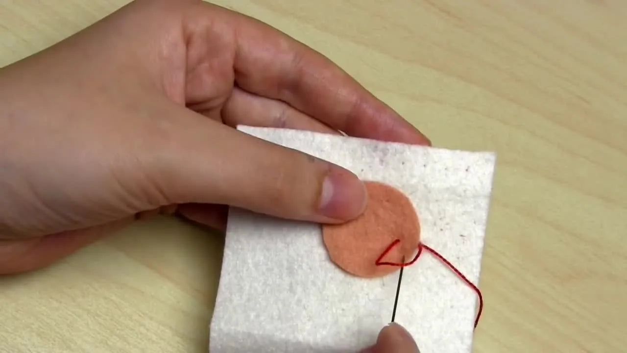 The needle is inserted through the small thread loop in an anti-clockwise direction.