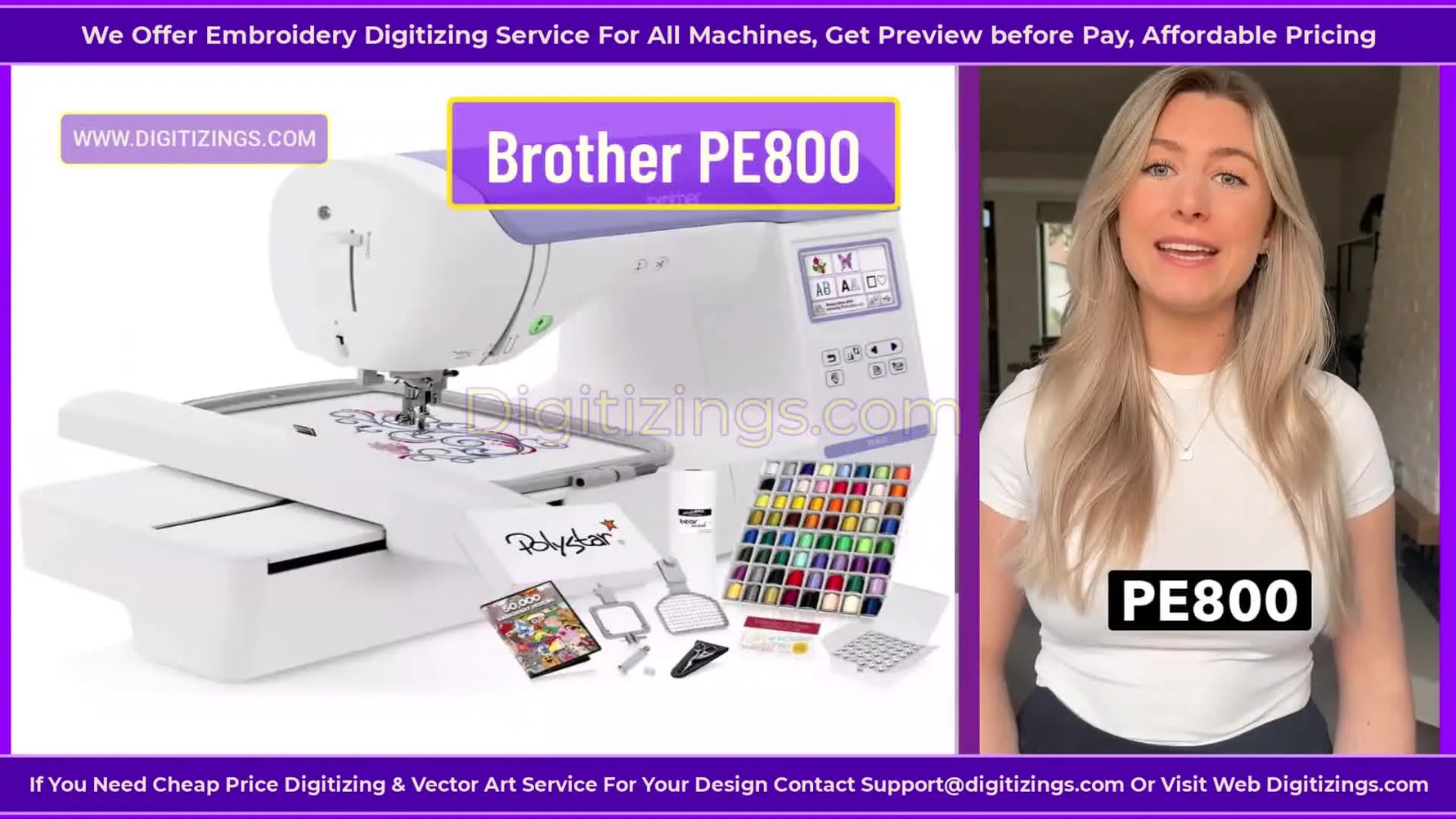 A clean product shot of the Brother PE800 with an embroidery hoop attached, ready for a first business-ready stitch-out.