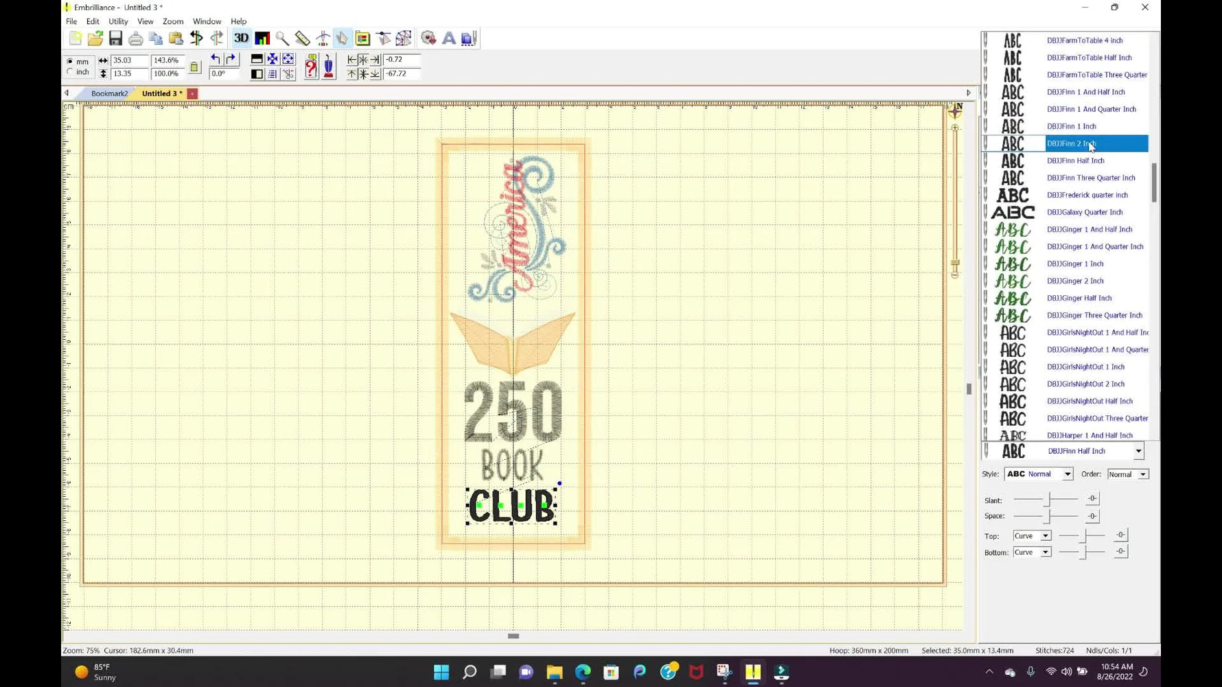 A full-screen preview of the finished America 250 bookmark layout with added text and centered alignment, ready for stitch-out.