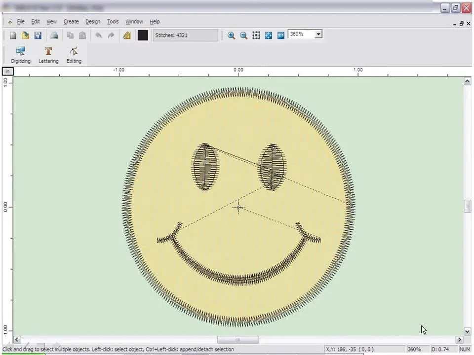 Embroidery Studio’s main workspace shows a design on a grid, ready for hoop overlay, sizing, color mapping, and production printouts.