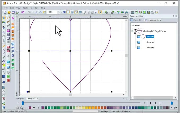 A split heart vector in Art and Stitch Plus shows a clean center gap for text with guide lines ready for stitch assignment.