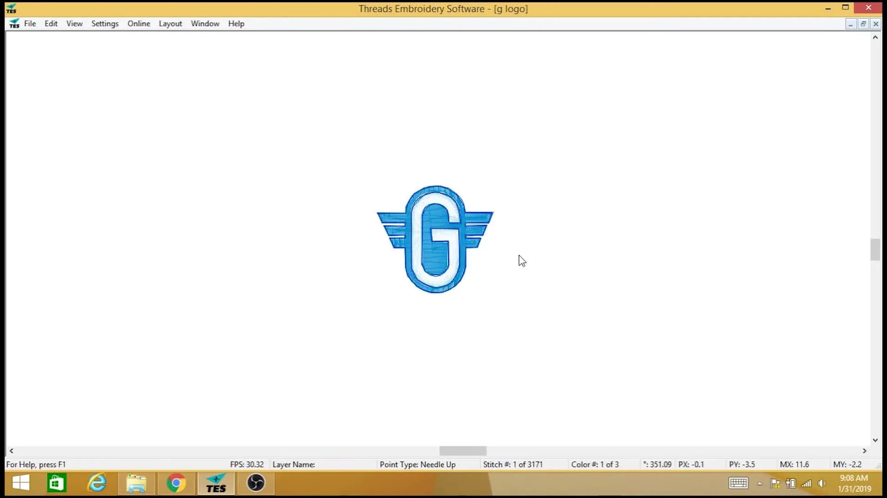 A screen capture of the finished Threads Embroidery Software file showing a thick blue triple-pass outline around a small “G” logo.