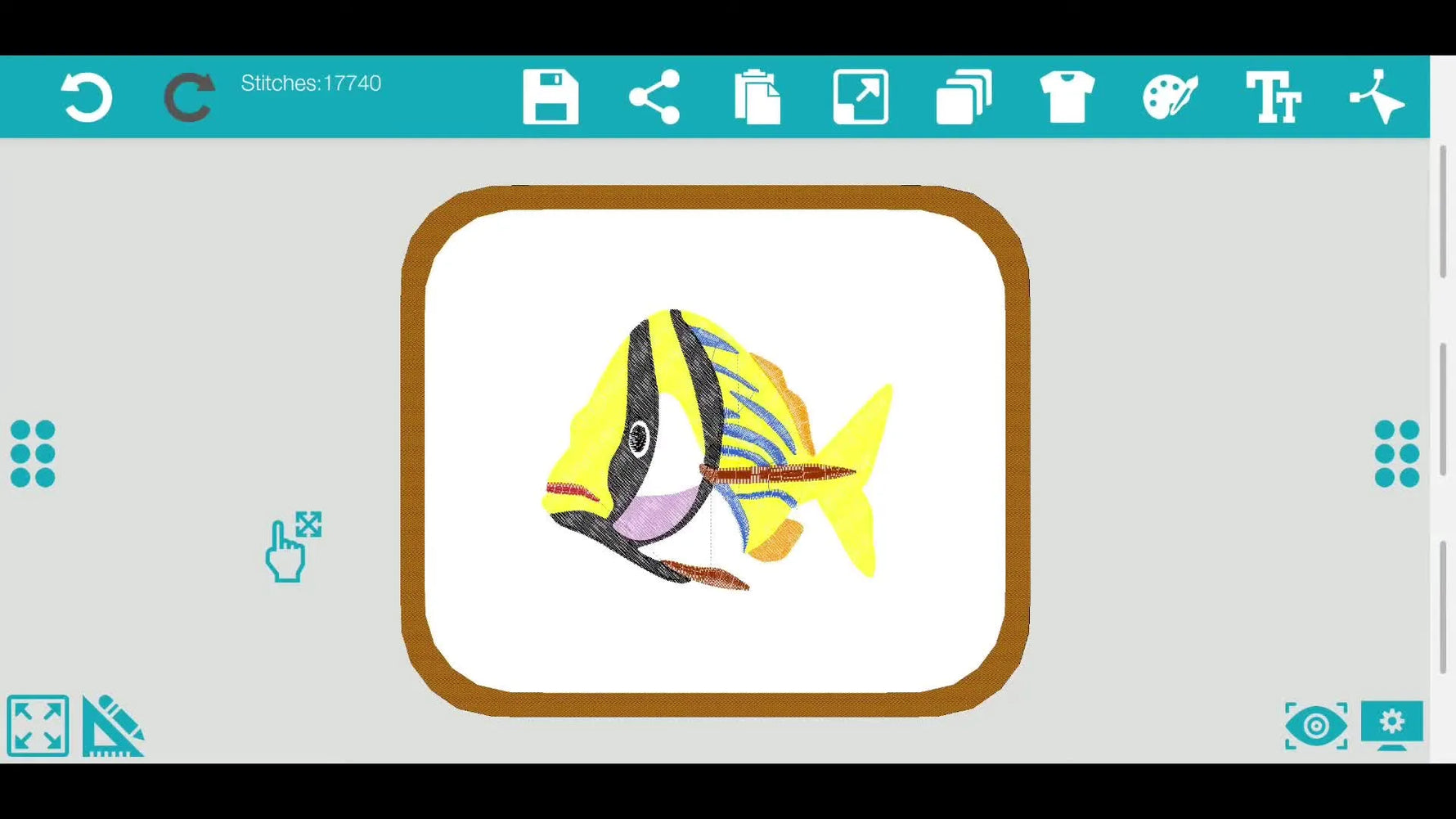 A digitized fish design displayed inside Spark’s virtual hoop with stitch count visible, ready for a realistic stitch preview.