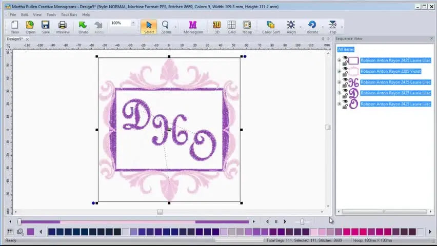 A completed framed monogram is shown in the main design window on a grid, ready for final checks before exporting to a machine file.