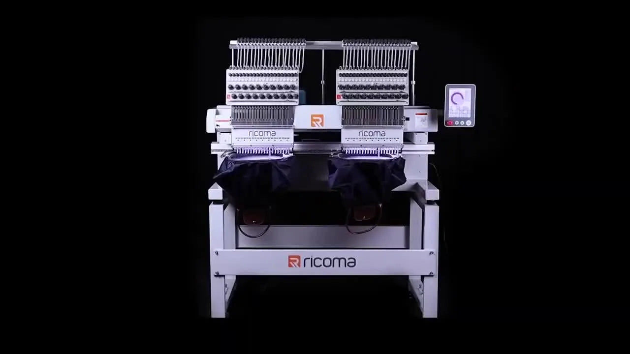 A wide lineup shot of the Ricoma MT-8S series in single-, two-, and three-head configurations, highlighting the production-scaling options.