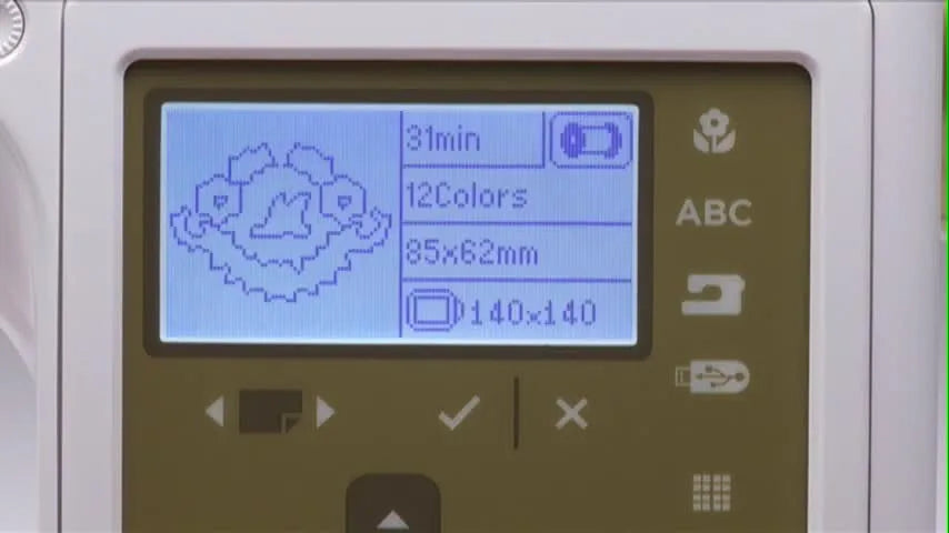 The Singer Studio LCD shows a ready-to-sew design preview with color count, size, and estimated stitch time for final confirmation before embroidering.