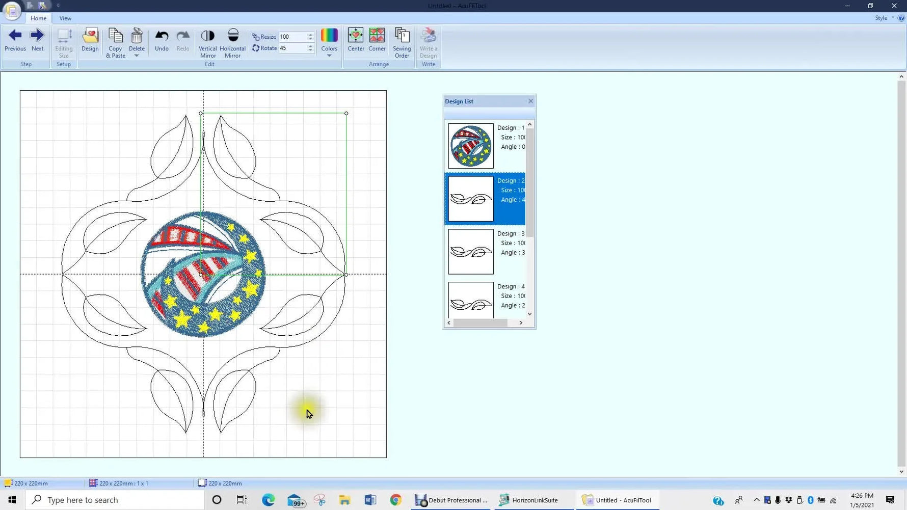 A screen capture shows the Cornering Tool creating a four-corner leaf border around a centered circle design inside the ASQ22 hoop boundary.