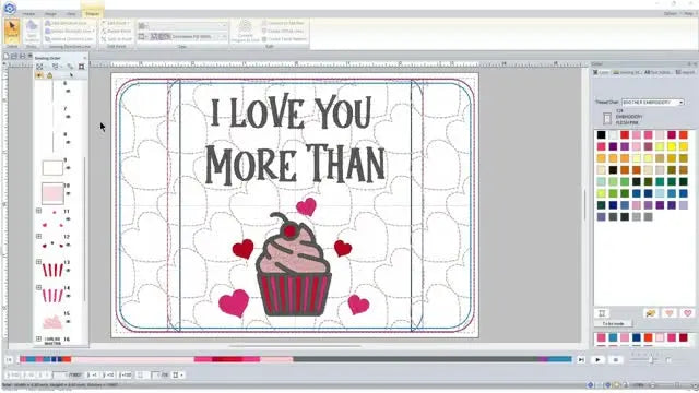 A close-up software view of the mug rug showing the quilting-style heart stitches across the surface with the cupcake motif centered.