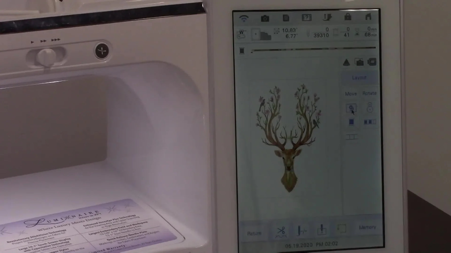 The Brother Luminaire XP1 Layout screen highlights the Basting Stitch icon used to generate a reusable basting box.