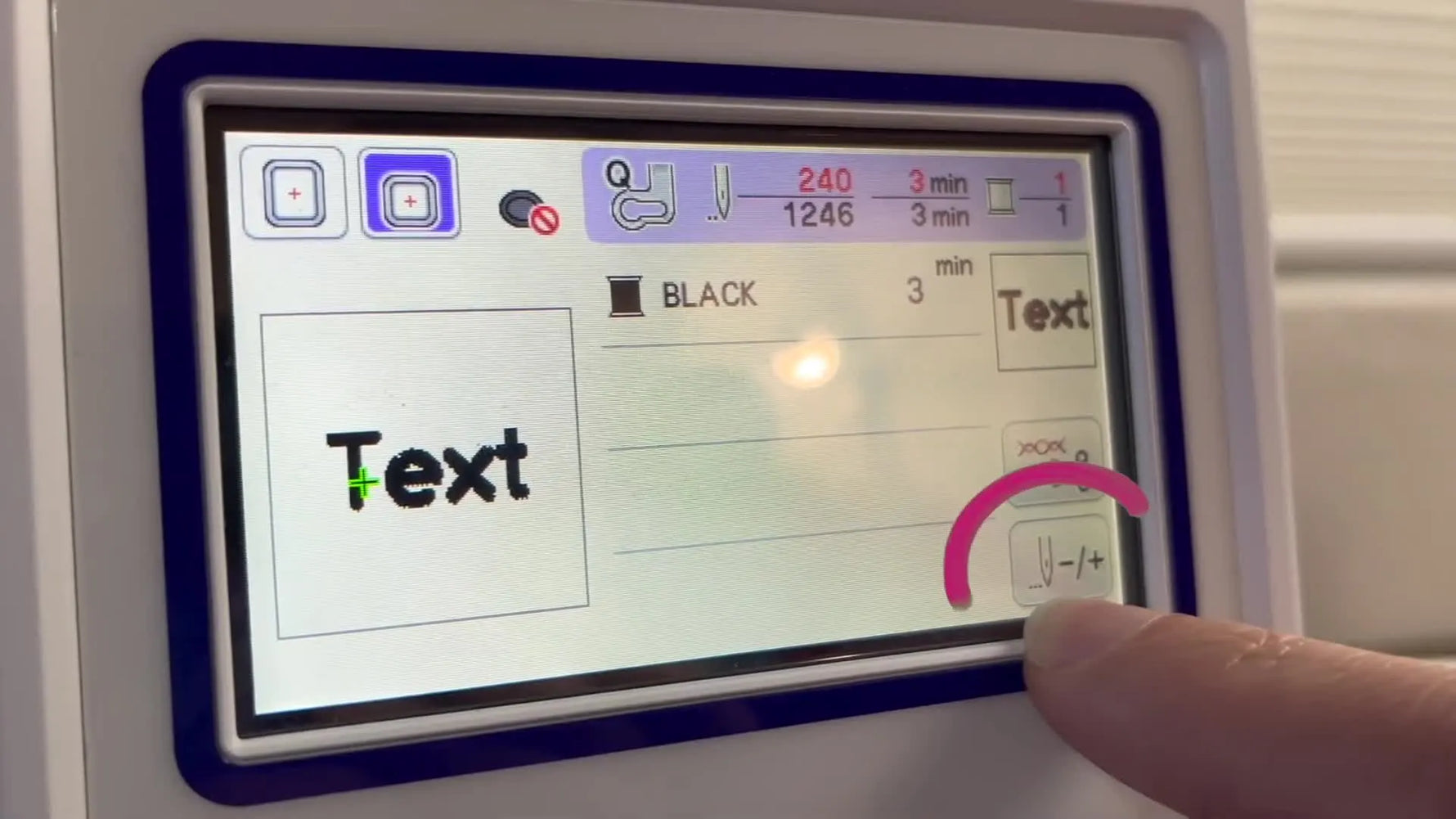 The Brother SE1900 adjustment screen is open, showing the -1, -10, and -100 stitch backup buttons used to recover a design mid-stitch.