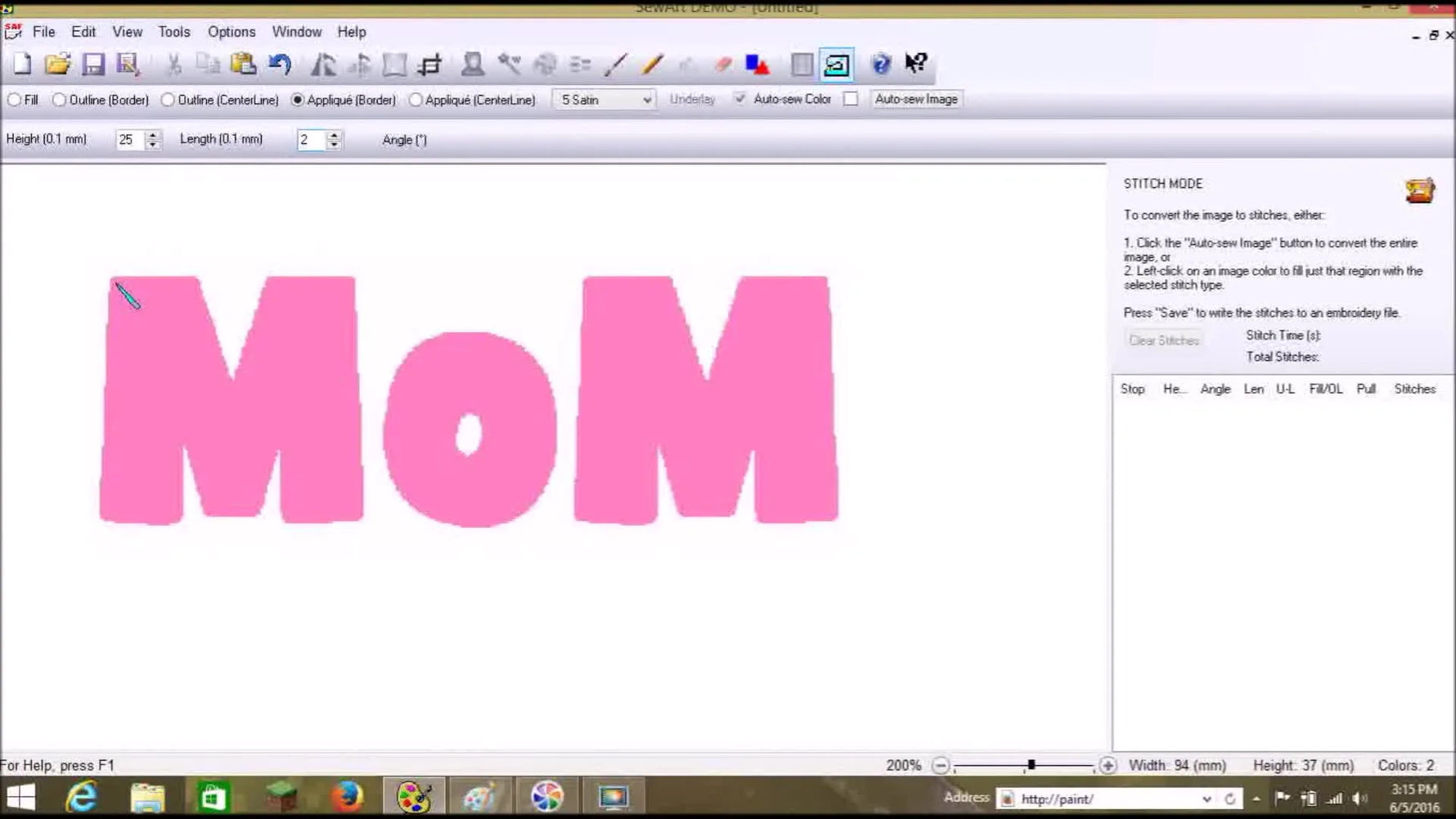 Sew Art shows the letters “MoM” turning pink and textured as the appliqué stitch layers are generated.