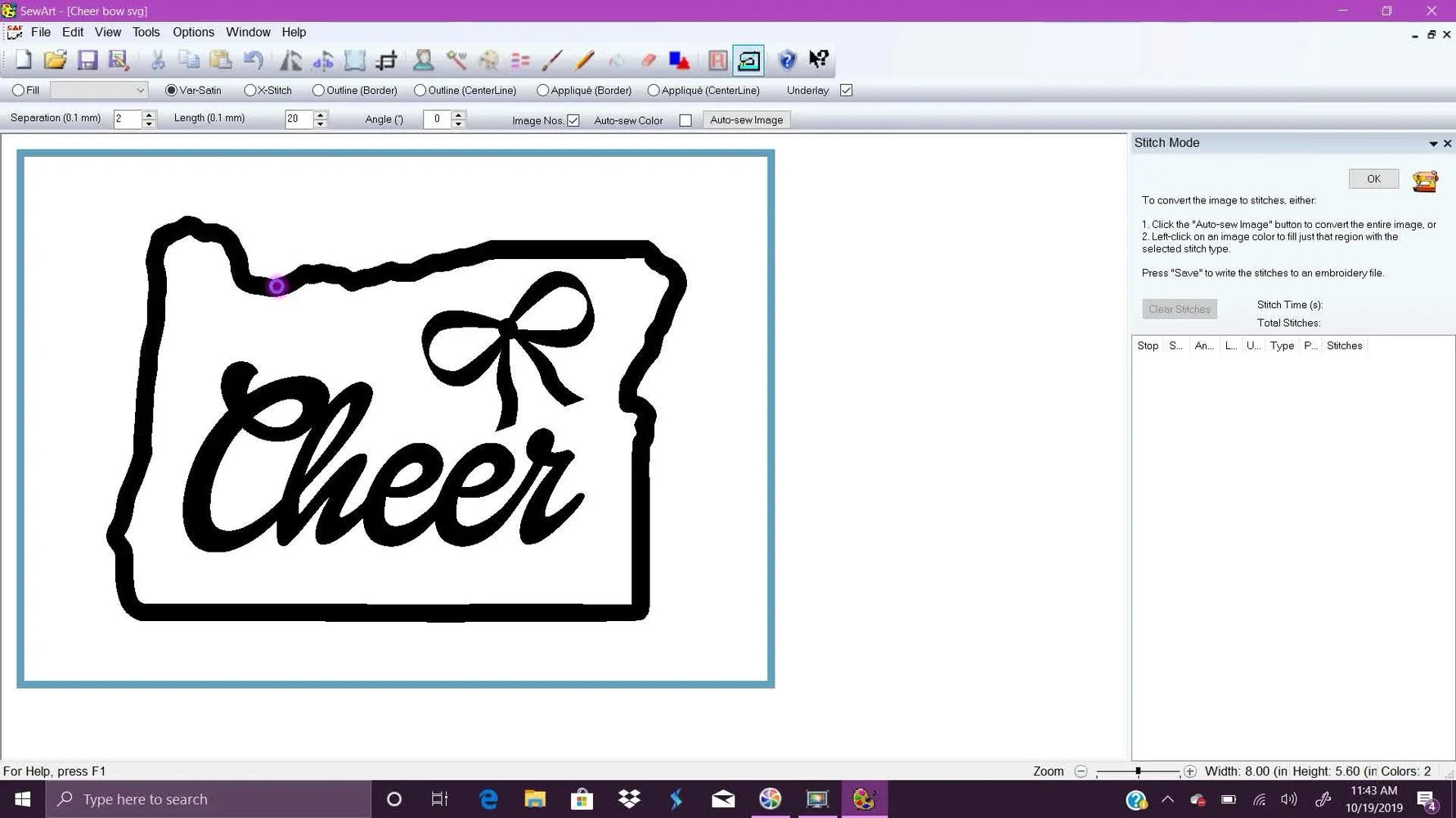 The SewArt Variable White Satin Stitch Editor window appears over the imported SVG, ready for manual point plotting and direction lines.