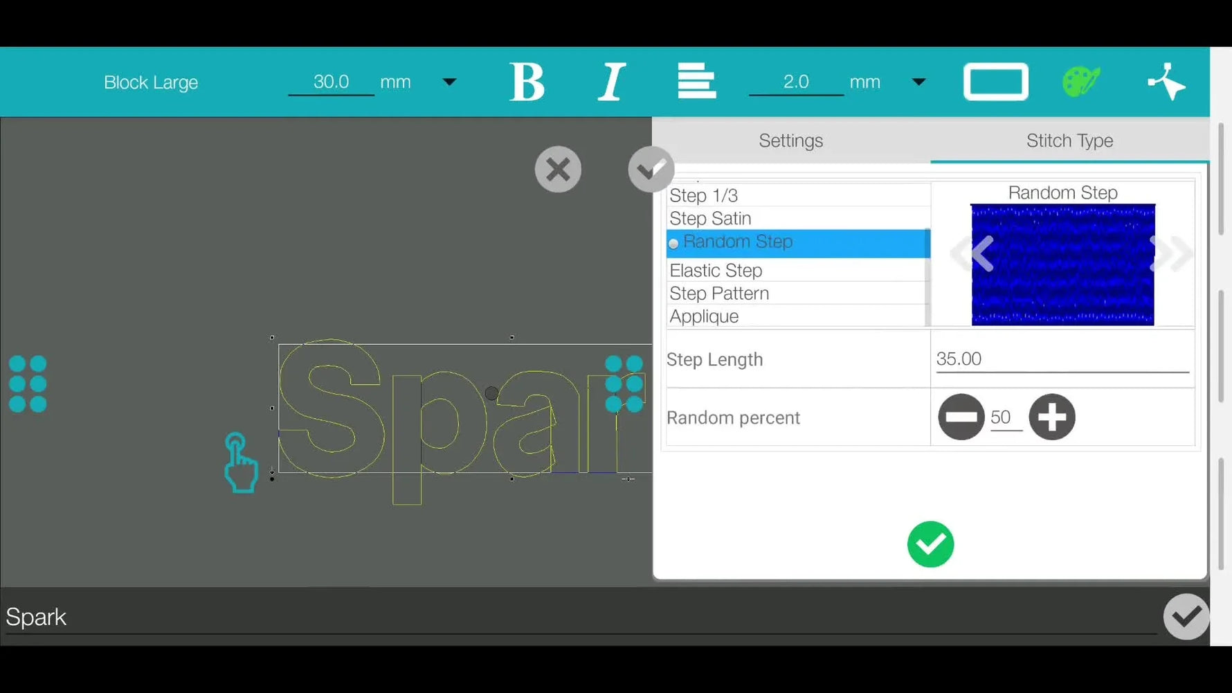 A screen capture of the Wavenet Spark Stitch Type dropdown with “Elastic Step” selected for textured lettering.