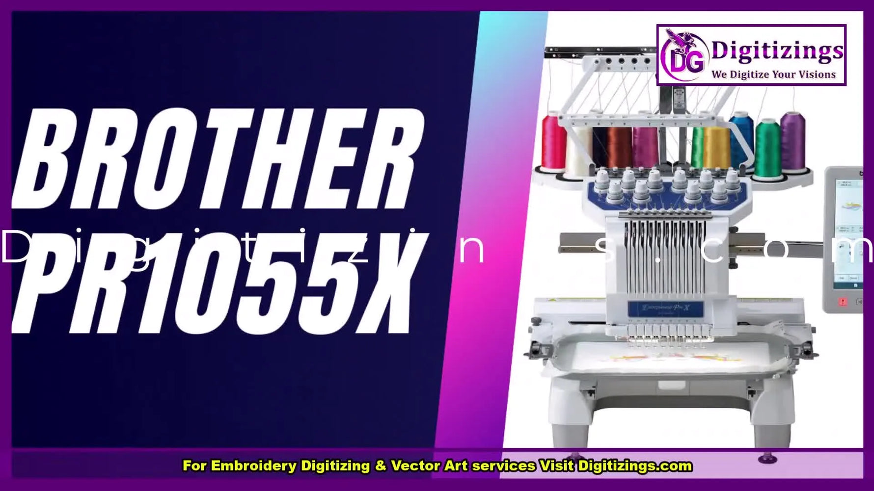 A profile view of the Brother PR1055X multi-needle embroidery machine, highlighting its commercial-style layout and control screen.