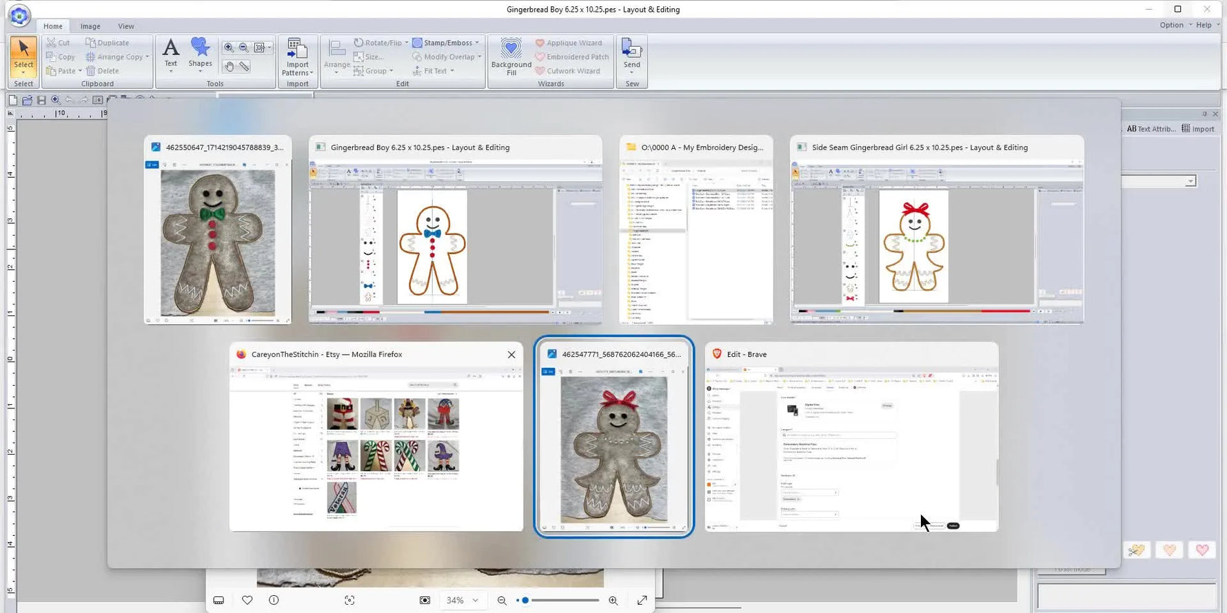 A close-up photo of the finished Gingerbread Boy and Girl side-seam appliqué embroidery stitched on fabric, showing the final satin border and details.