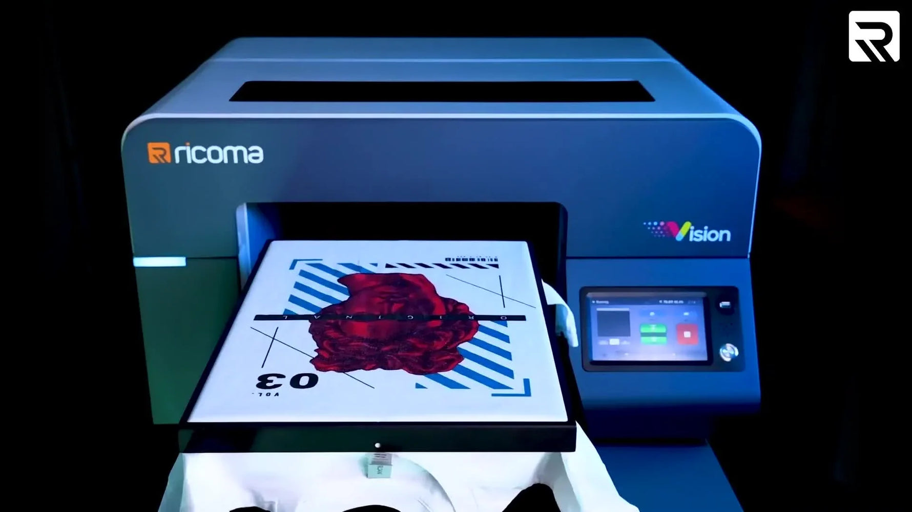 A close-up of the Ricoma 10S Panel showing an embroidery design preview, stitch data, and the selected hoop size on a responsive touchscreen.