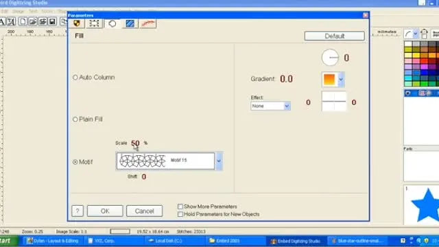 A close-up screen capture of Embird’s Parameters window showing Motif 15 with Scale set to 50% and Shift set to 1 for a tight FSL mesh.