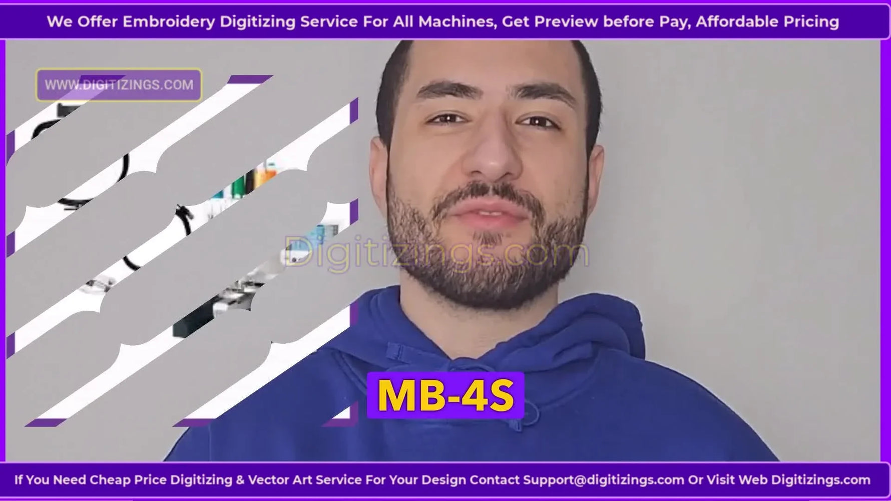 A full product view of the Janome MB-4S showing the 4-needle head, remote screen, and standard hoops laid out for setup.
