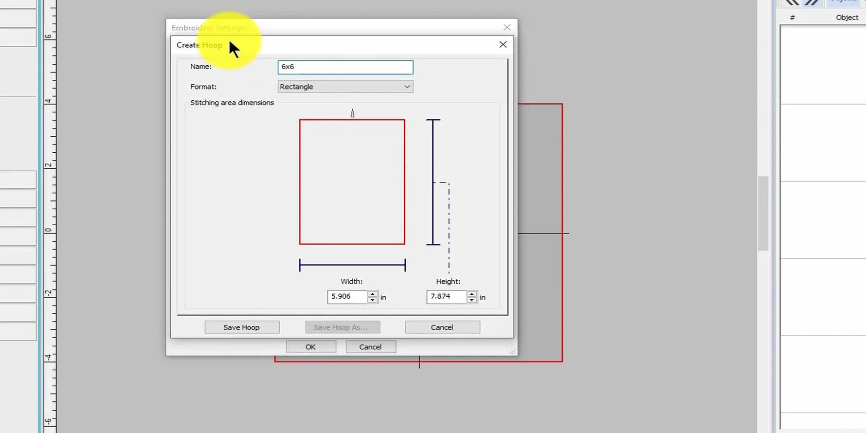 The Hatch “Create Hoop” dialog with width and height fields ready for a precise 6x6 custom hoop definition.