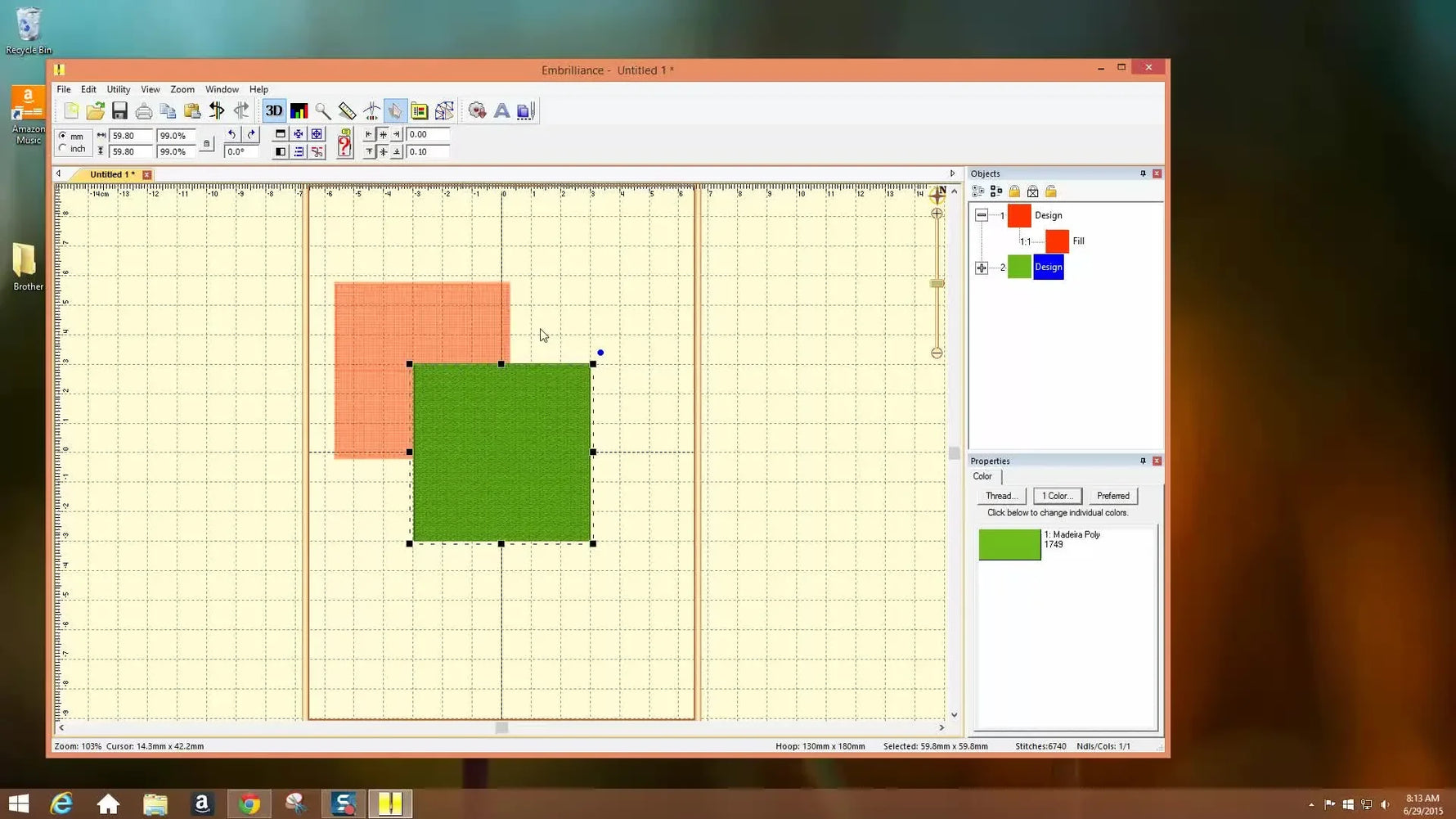 A screen capture shows two overlapping filled squares where the underlaying red fill has been cleanly cut away under the top green square after using Remove Hidden Stitches.