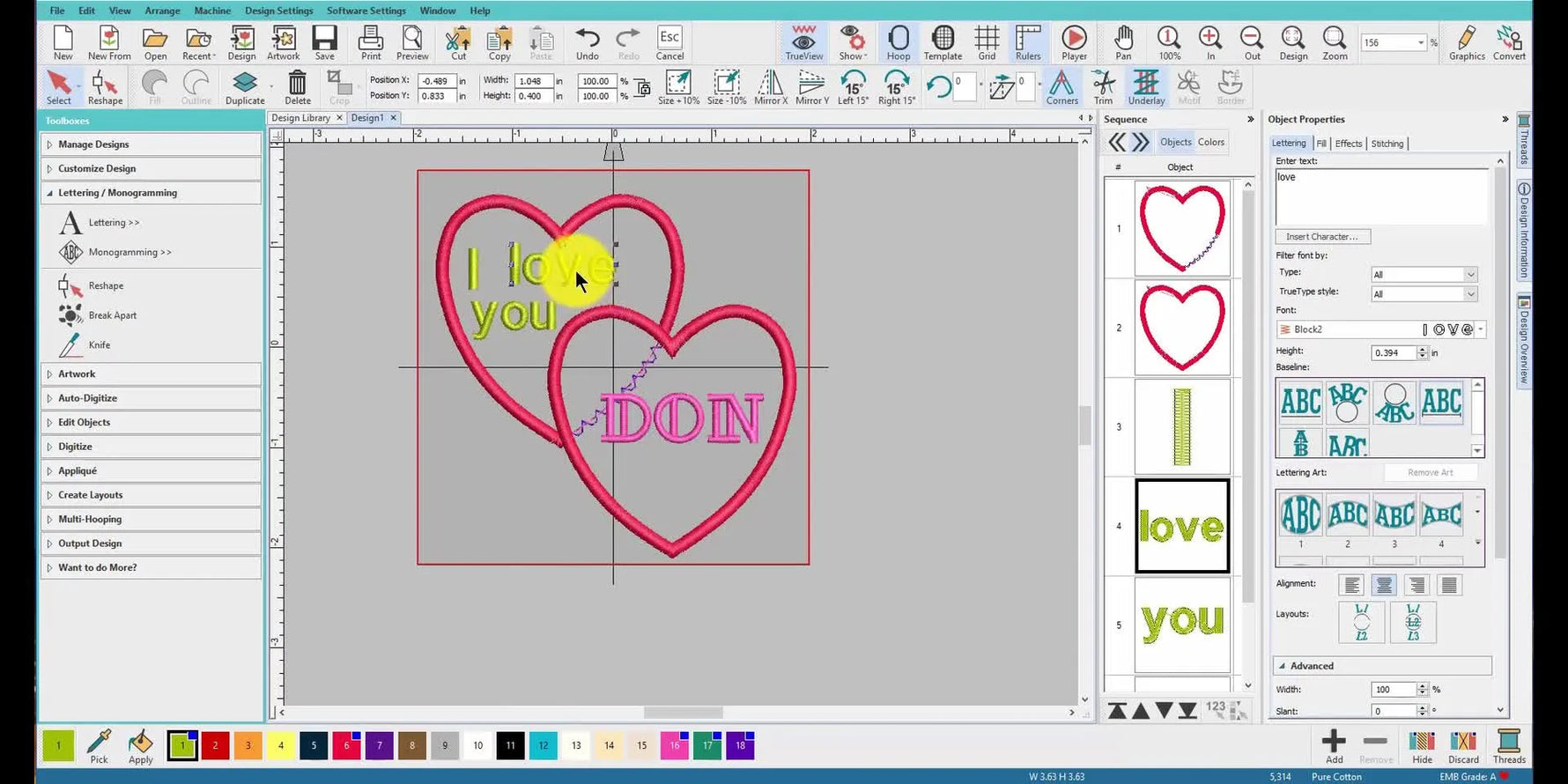 The final Hatch layout shows two overlapping appliqué hearts with personalized lettering placed cleanly inside the shapes.
