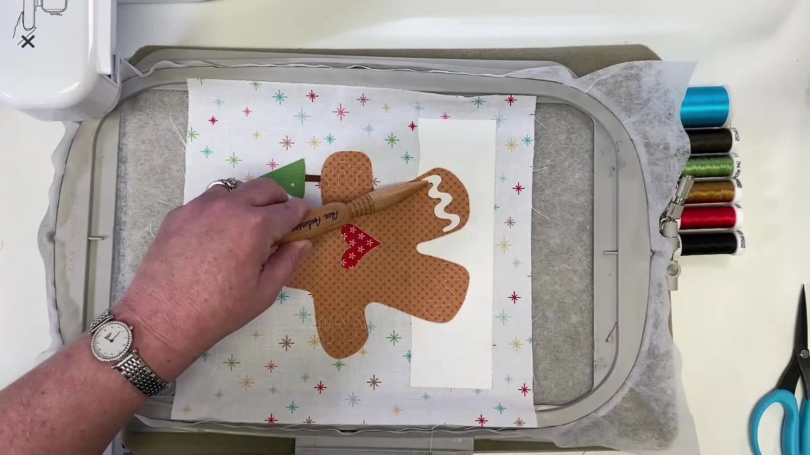 Ironing Inside a 5x7 Embroidery Hoop Without Warping Your Appliqué: Gingerbread Man Block 7 (Christmas Lane) Done the Clean Way