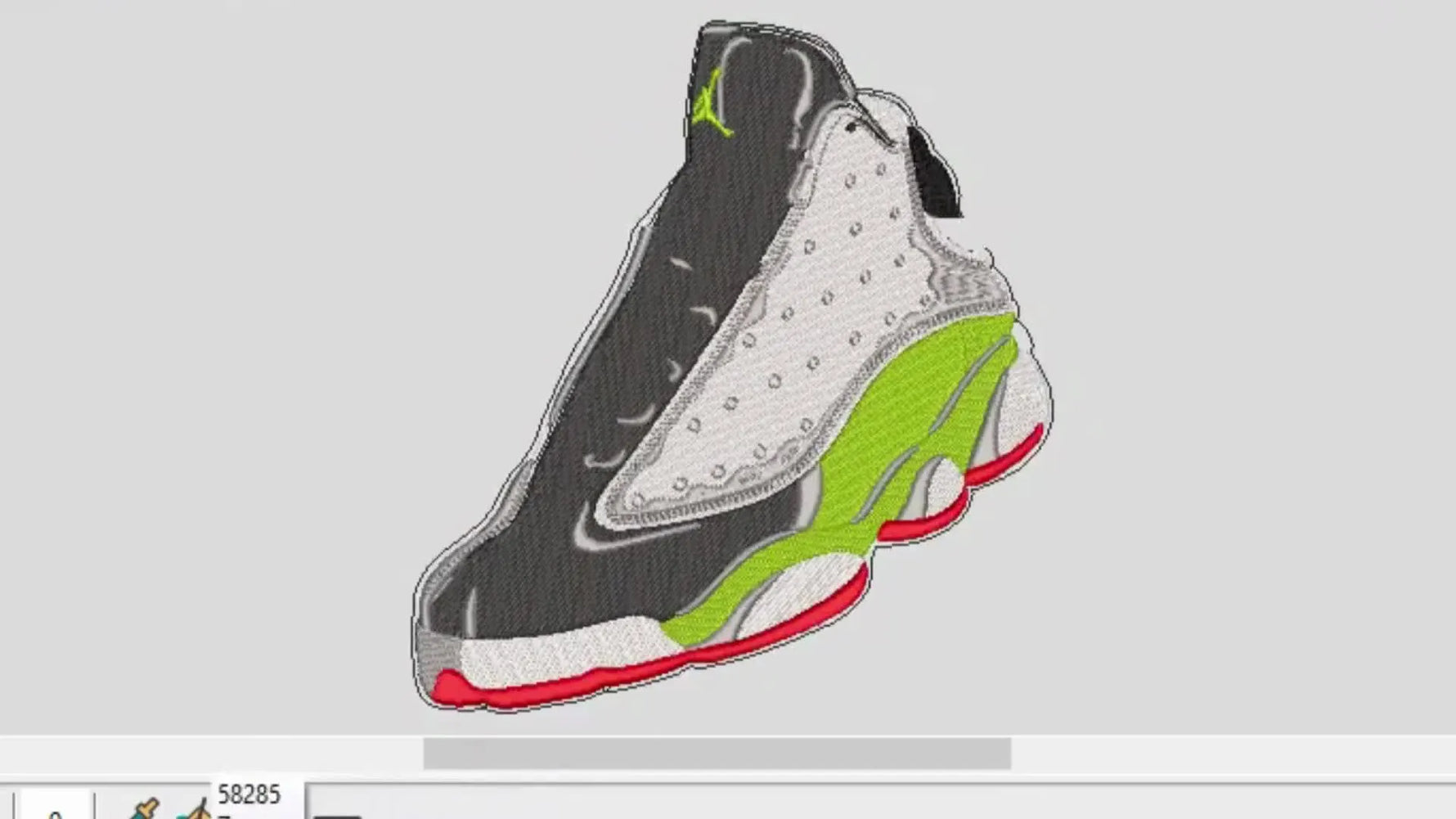 A completed Air Jordan 13 sneaker embroidery file shown in a 3D simulation preview inside digitizing software.