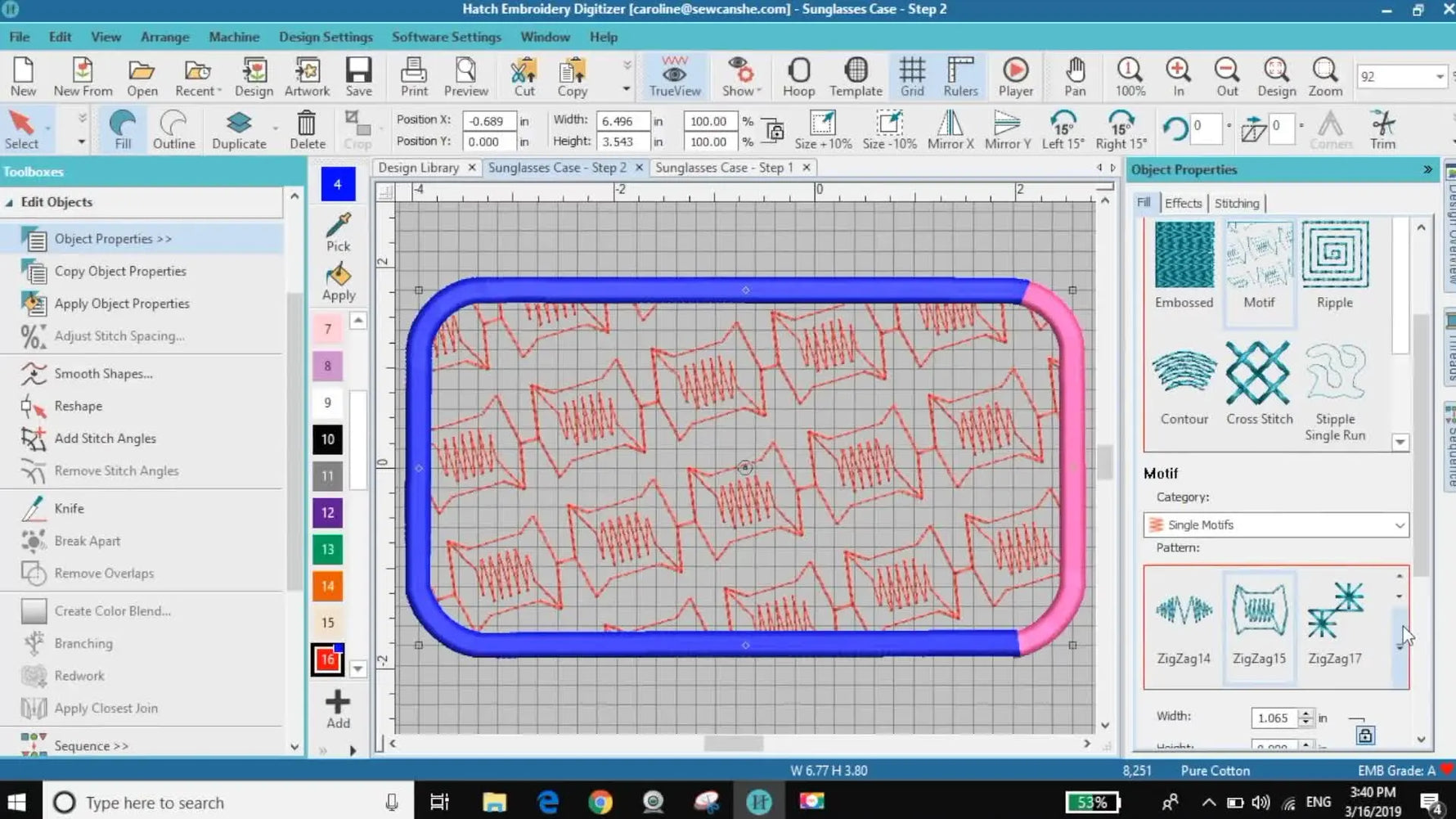 A screen capture in Hatch showing the Layout panel where Row Offset is set to 0.50 inches to create a staggered, seamless Baby Block motif fill.