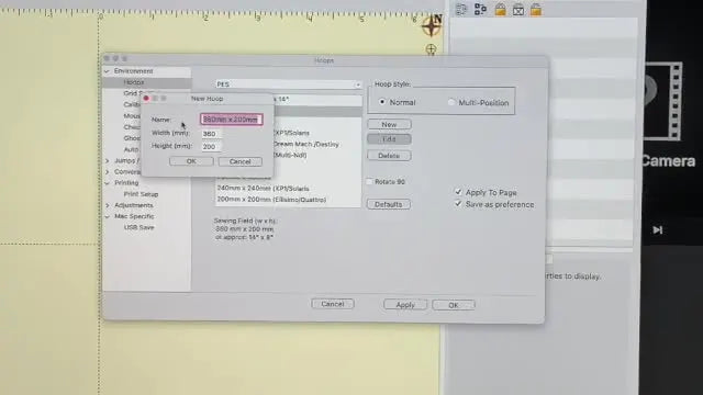 A close-up of the Embrilliance “New Hoop” dialog where the hoop name is being edited to include inches in parentheses.
