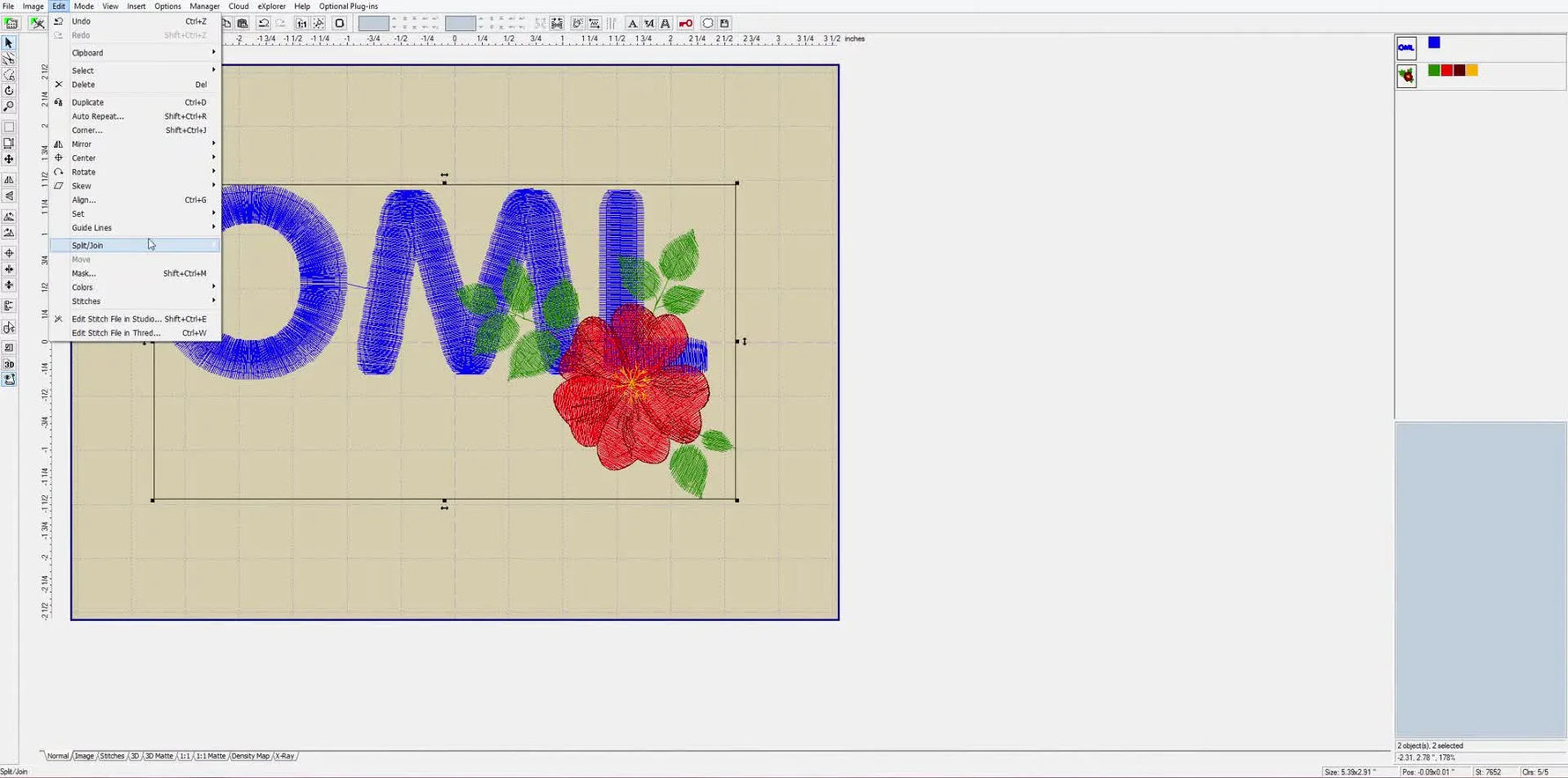 A screen capture of Embird Editor with the Edit menu open and the Mask command highlighted, ready to remove hidden stitches under an overlapping design.