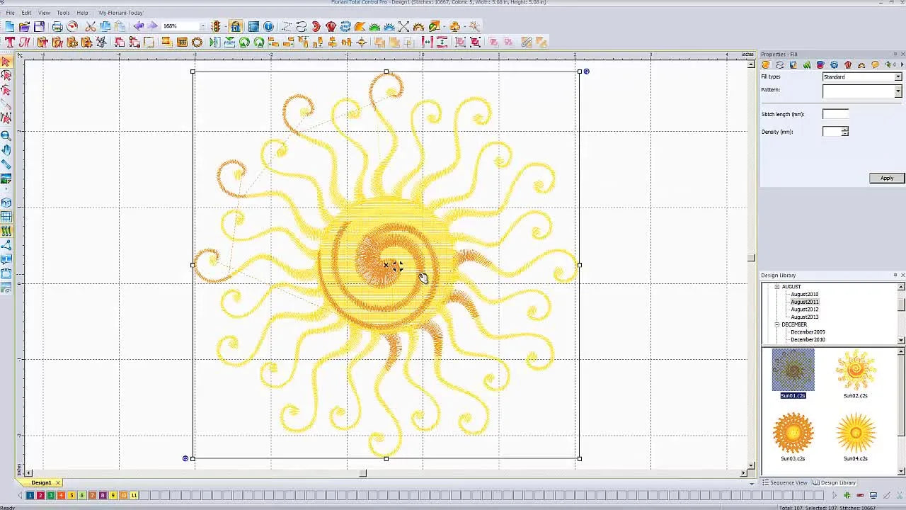 A yellow sun embroidery design is dragged from the Floriani Design Library onto the workspace grid, ready for editing and Save to Sew export.