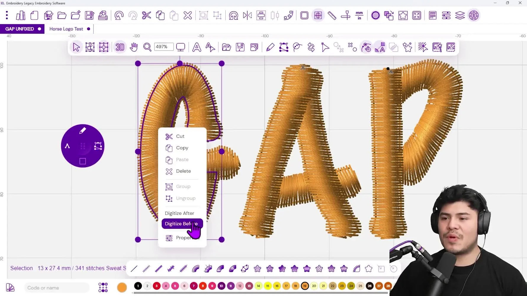 A Wilcom right‑click menu shows the Digitize Before option selected, setting up manual underlay stitches to prevent visible gaps.