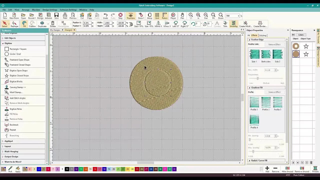 A Hatch screen capture showing a yellow outer shape with a red filled center object, creating an “eyeball” look that makes hole-filling and overlap behavior easy to see.