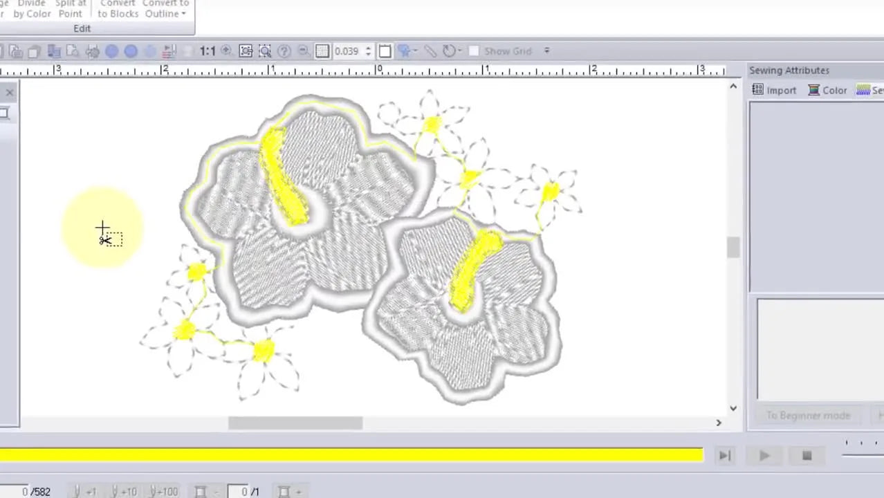 A close-up screen capture of PE-Design’s Split Stitches polygon lasso being drawn around an unwanted flower center to separate and delete only that stitch data.