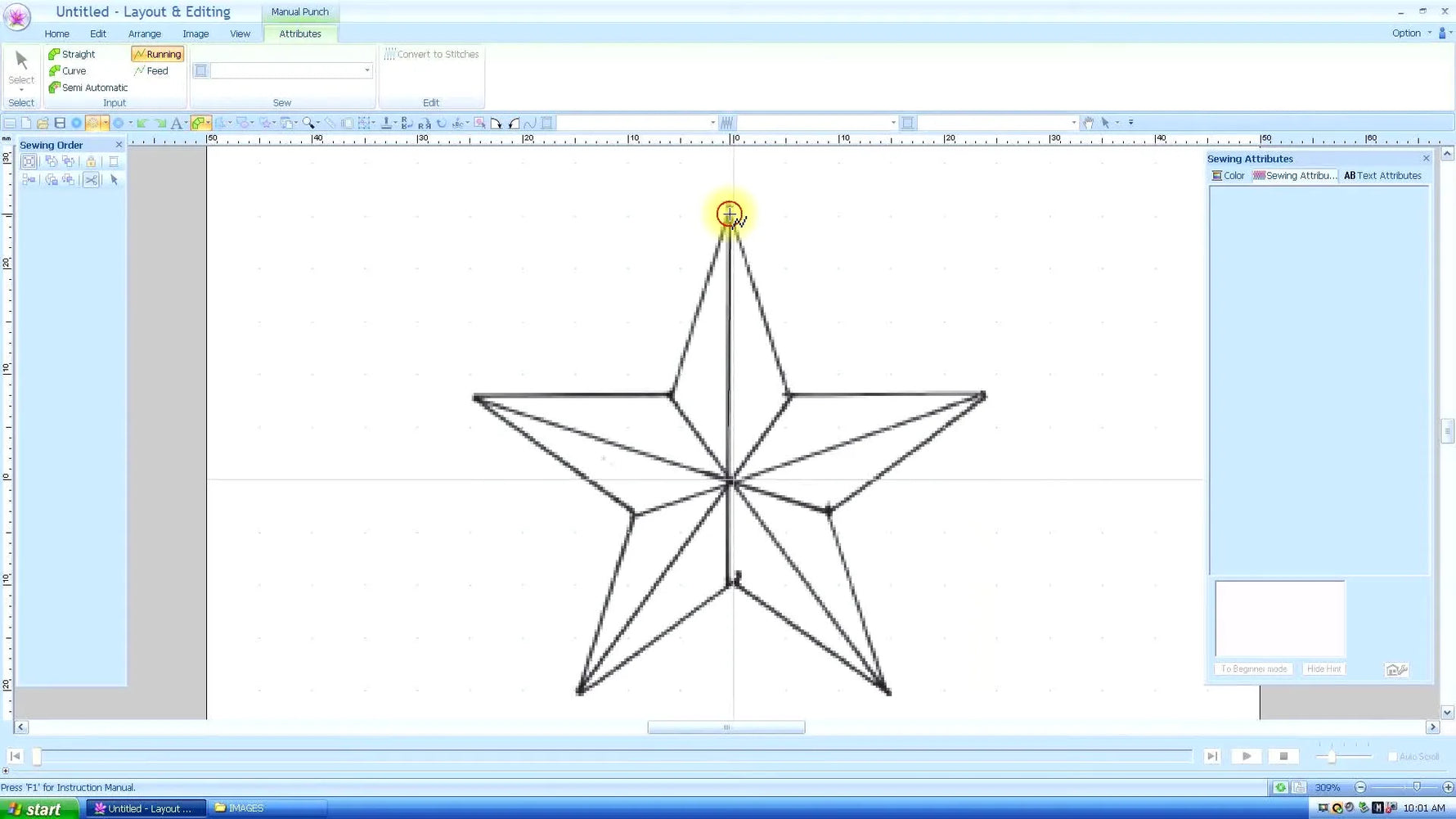 A close-up screen capture shows the cursor parked precisely on a star tip while the digitizer switches tools to stack stitches for a razor-sharp point.