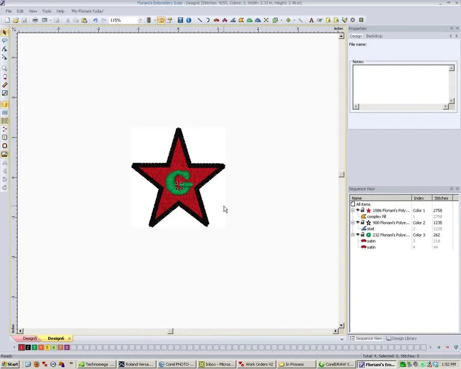 A full Floriani workspace view showing the finished design: a red filled star, a black Steel Stitch border, and a green satin “G” centered inside.