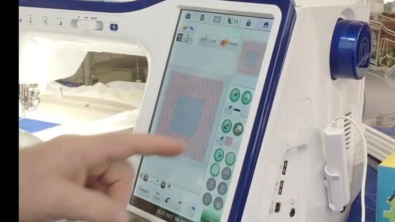 The Brother Dream Machine 2 screen shows the background area turning red after the fill tool applies a quilting pattern around a protected center appliqué zone.